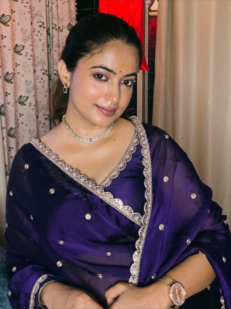NoseQueen Women Beautiful Soft Silk Embroidery Saree With Hand Work Lace Boarder Work Designer Saree with Unstitched Blouse Piece - Purple - Image 4