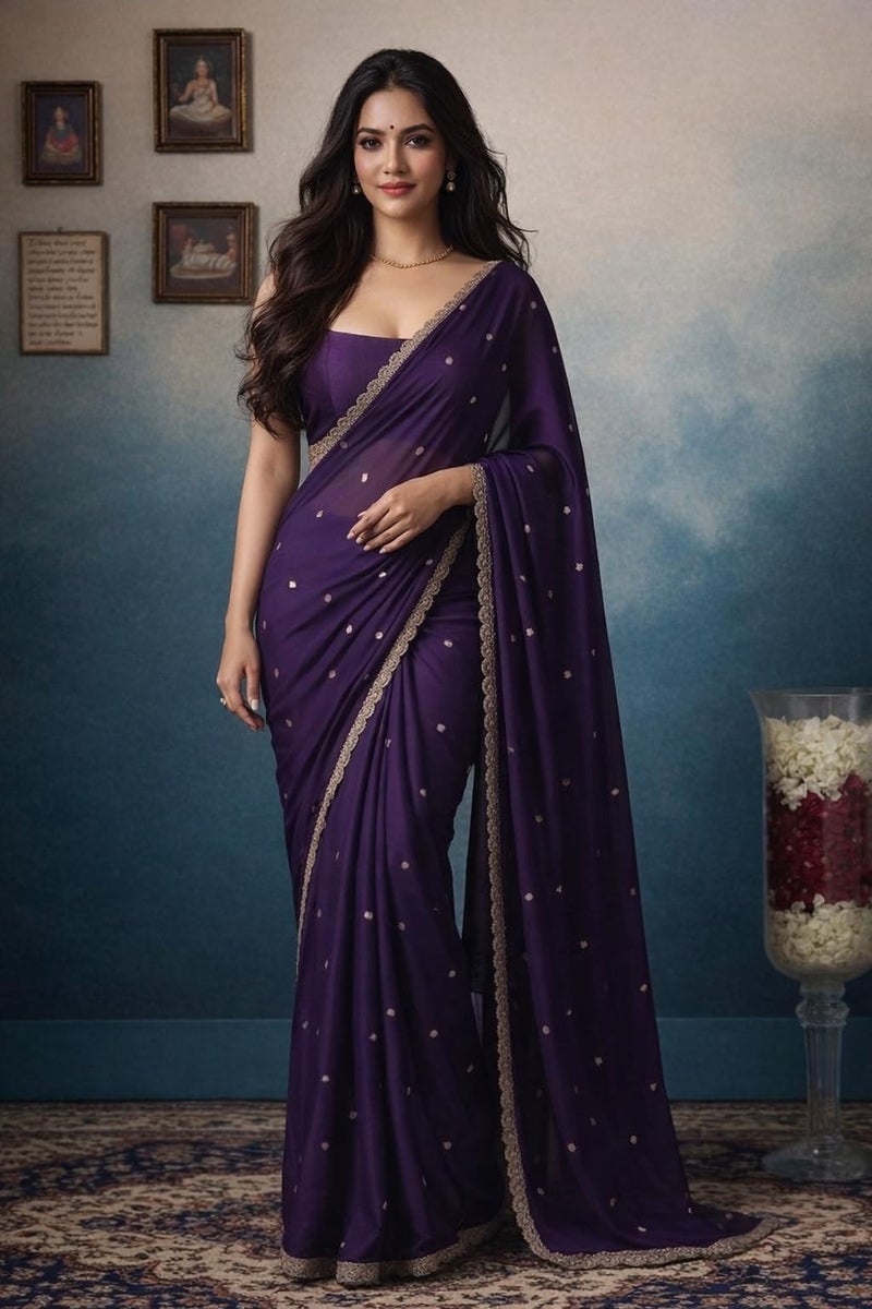 NoseQueen Women Beautiful Soft Silk Embroidery Saree With Hand Work Lace Boarder Work Designer Saree with Unstitched Blouse Piece - Purple - Image 2