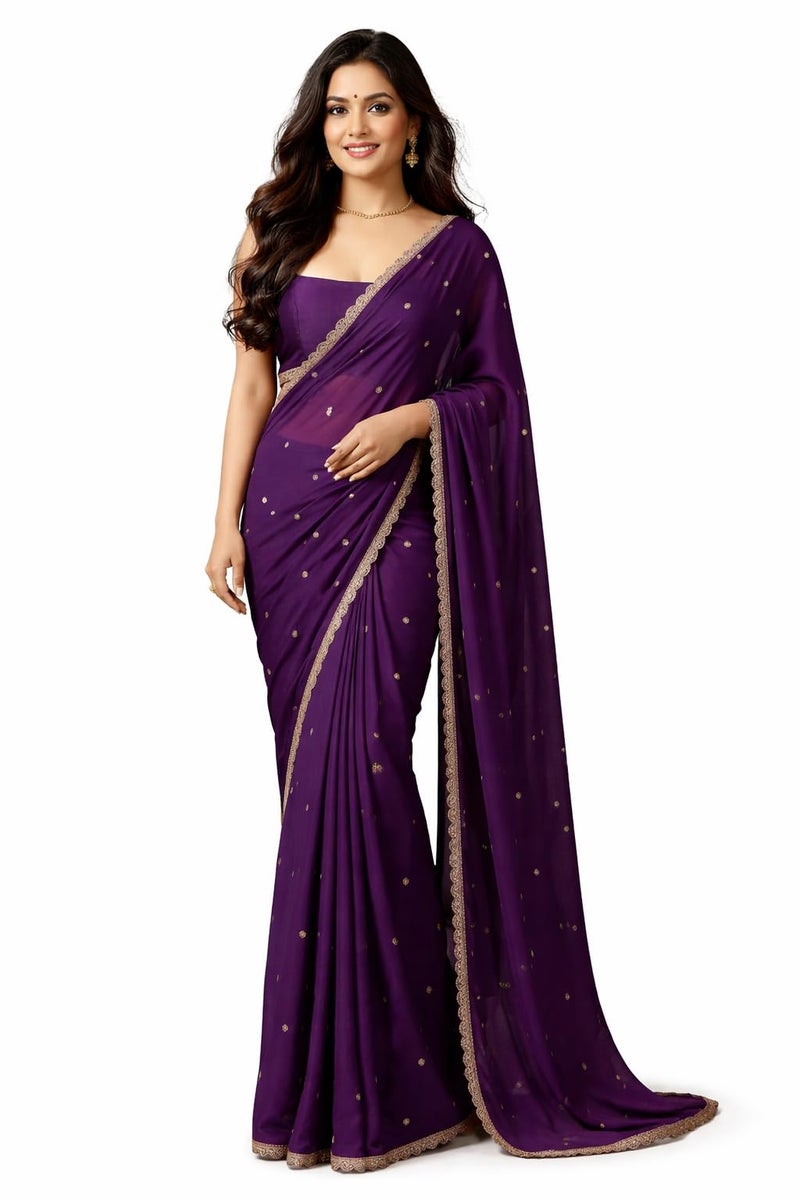 NoseQueen Women Beautiful Soft Silk Embroidery Saree With Hand Work Lace Boarder Work Designer Saree with Unstitched Blouse Piece - Purple - Image 1