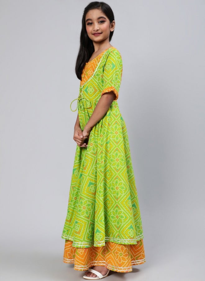 AKS Green Bandhani Printed Maxi Dress for Girls - Image 3