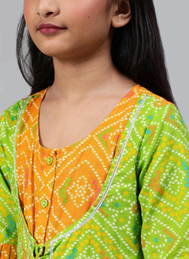 AKS Green Bandhani Printed Maxi Dress for Girls - Image 2