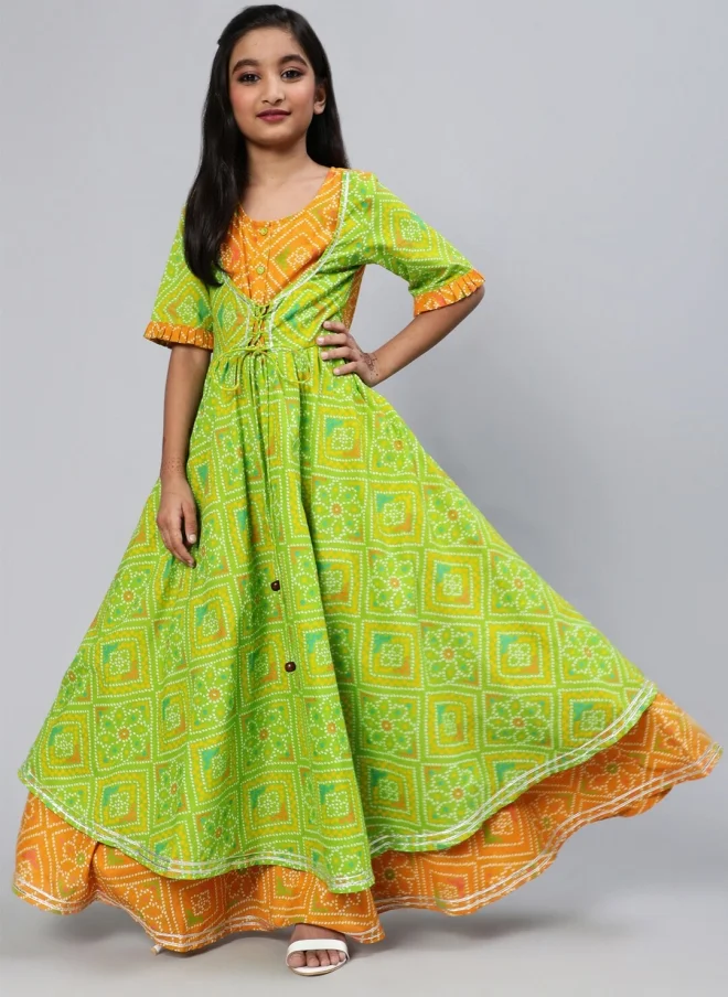 أيه كيه إس Green Bandhani Printed Maxi Dress for Girls