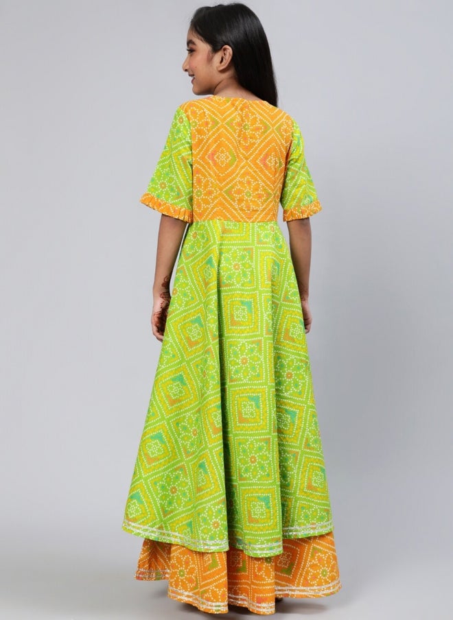 AKS Green Bandhani Printed Maxi Dress for Girls - Image 4
