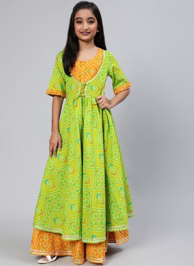 AKS Green Bandhani Printed Maxi Dress for Girls - Image 5