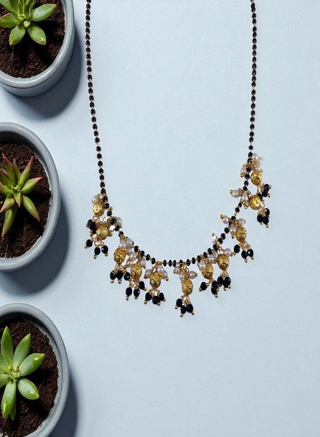 OMID, Elegant Gold-Plated Black Beads & Pearl Mangalsutra Necklace for Women, Traditional Indian Wedding Jewelry - Image 3
