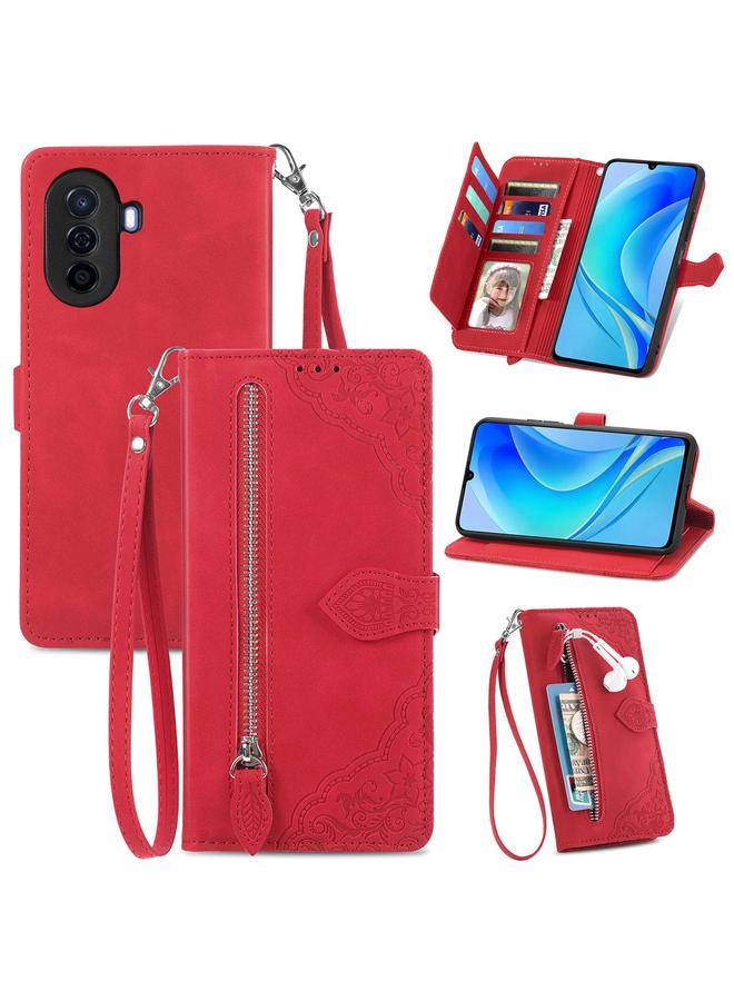 اس-توب جراب لهاتف Huawei Enjoy 50 مصنوع من الجلد بسحاب ومزخرف بزهرة منقوش عليها - Image 1