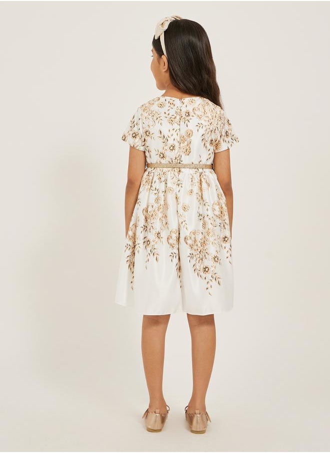 Styli Floral Printed Satin Dress with Glittered Belt Detail  - Image 4