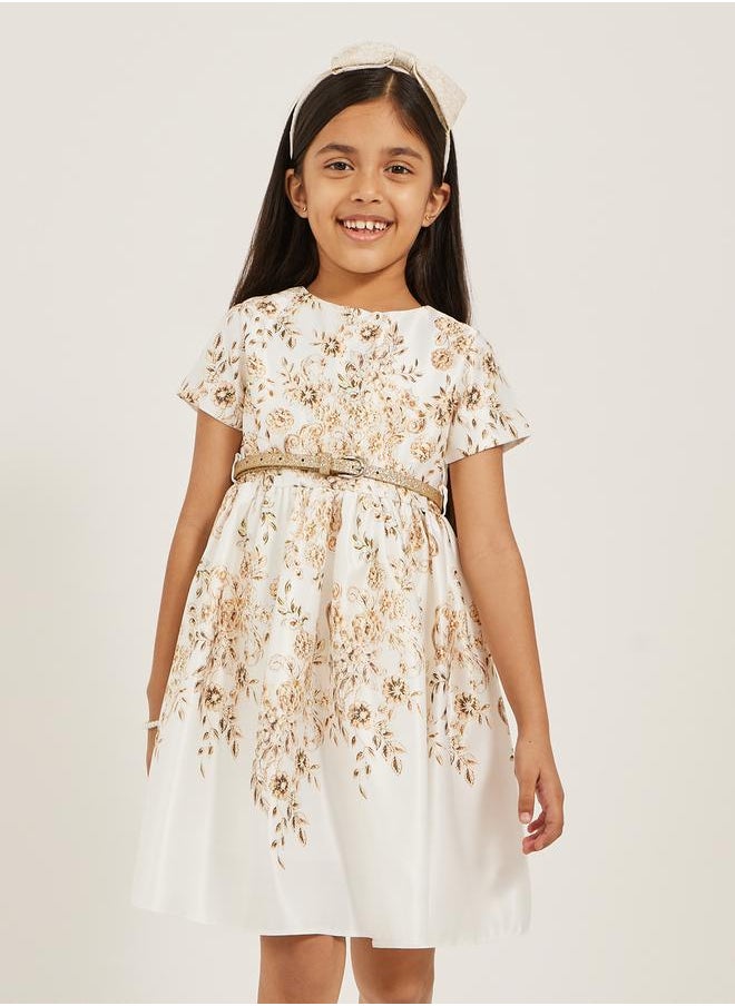 Styli Floral Printed Satin Dress with Glittered Belt Detail  - Image 2