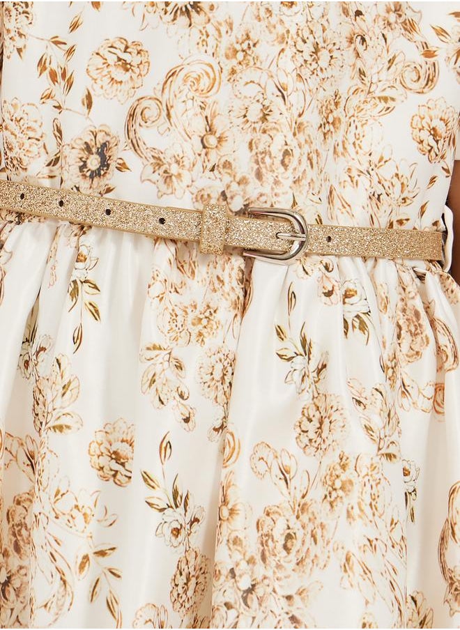 Styli Floral Printed Satin Dress with Glittered Belt Detail  - Image 3