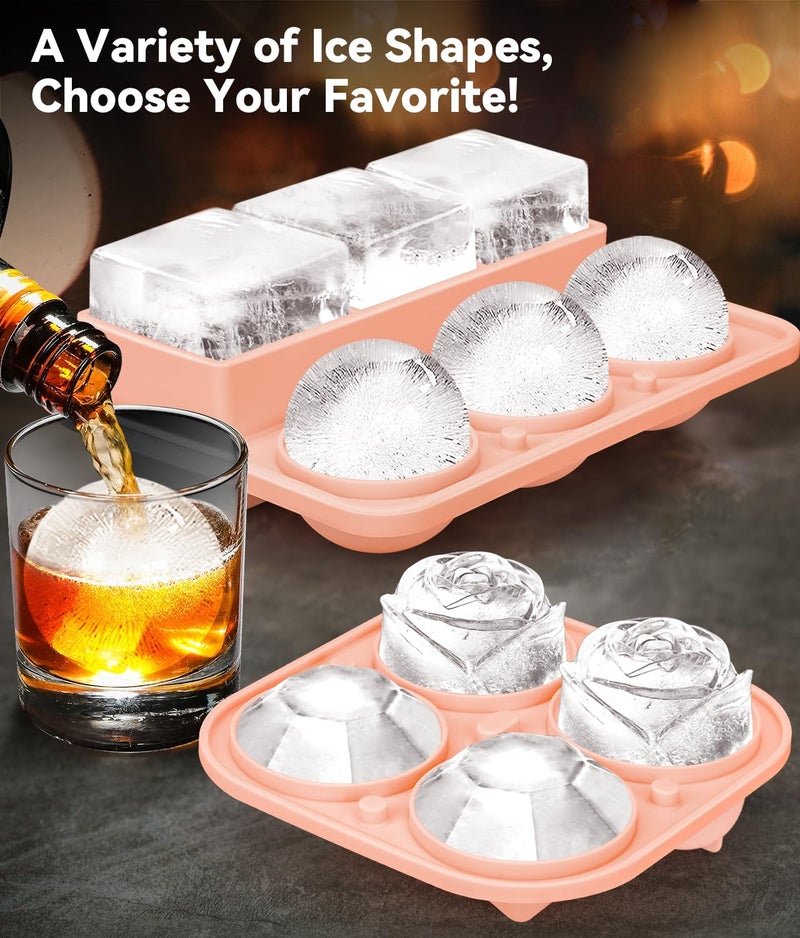 AMFOCUS Ice Cube Tray with Lid, Silicone Ice Molds with Round, Square, Diamond, Rose, Large Ice Cube Mold for Whiskey, Bourbon, Cocktails, Easy Release BPA Free, Set of 2 - Image 2
