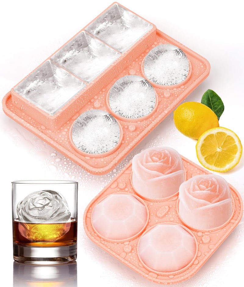 AMFOCUS Ice Cube Tray with Lid, Silicone Ice Molds with Round, Square, Diamond, Rose, Large Ice Cube Mold for Whiskey, Bourbon, Cocktails, Easy Release BPA Free, Set of 2 - Image 1