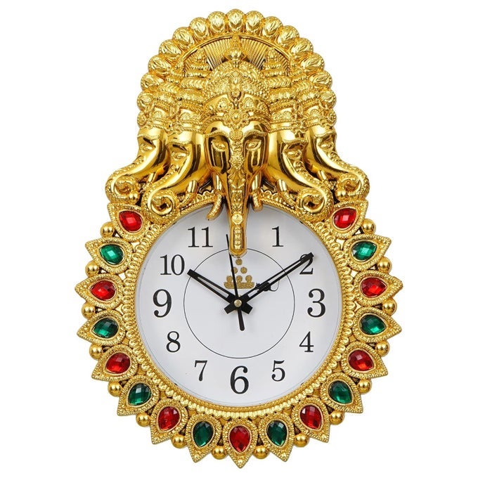 E EZRA PREMIUM PLASTIC DESIGNER STONES 5 FACE GANESHA WALL CLOCK FOR HOME AND OFFICE DECOR WALL CLOCK FOR LIVING ROOM WALL CLOCK FOR BEDROOM 35 CM GOLD