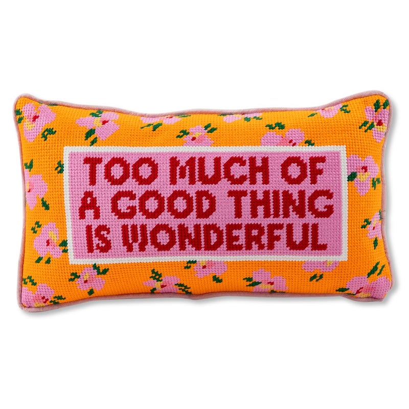 FURBISH Needlepoint Decorative Throw Pillow - Too Much - 8" x 14" - Small Embroidered Accent Pillow for Bed, Chair, Couch, Sofa - Eclectic Home Decor