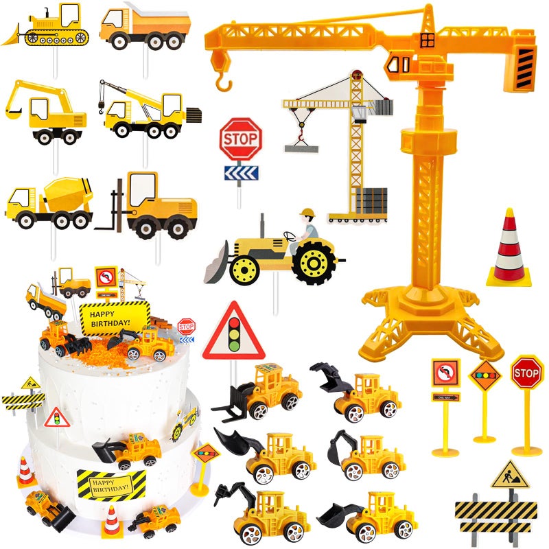 Hercocci 25Pcs Construction Cake Topper  Excavator Tower Cupcake Topper Bulldozer Backhoe Traffic Road Sign Cake Decor Vehicles Decorations Construction Birthday Party Supplies - Image 1