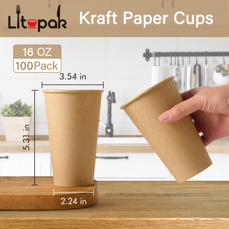LITOPAK 100 Pack 16 oz Kraft Paper Coffee Cups for Water  Juice  and Tea  Disposable Hot Coffee Cups for Home  Restaurant  Store  and Cafe - Image 2
