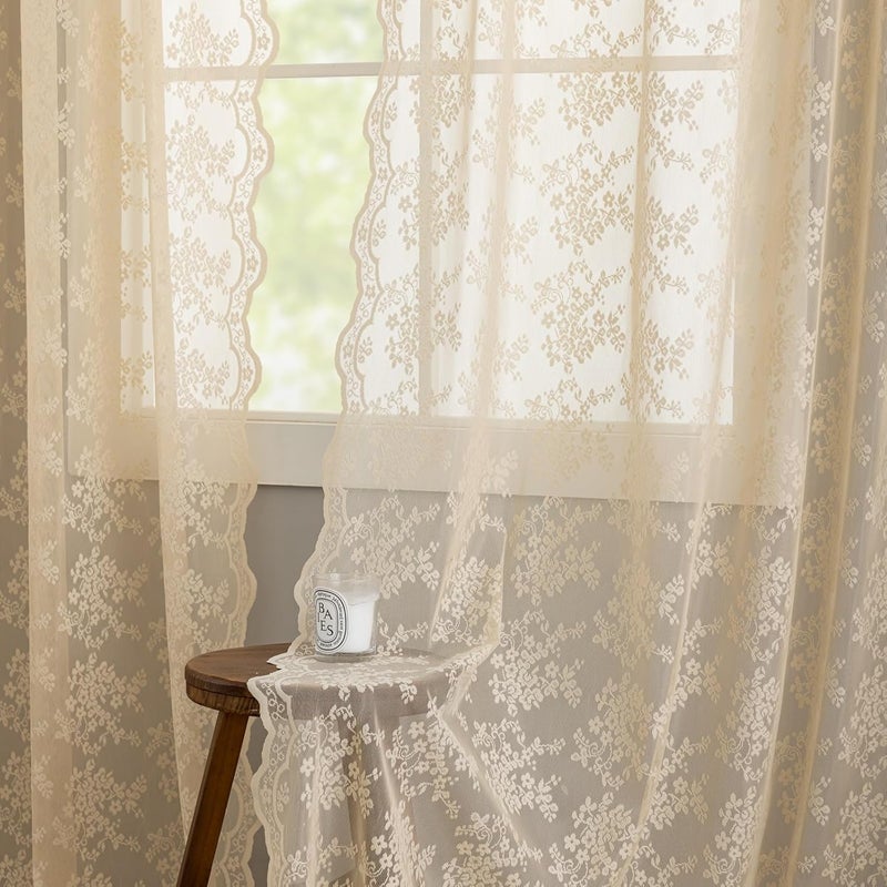 Yj Yanjun Beige Sheer Curtains 45 Inch Length 2 Panels Cute Floral Lace Cafe Curtains Vintage Small Window Drapes For Living Room Bathroom Kitchen Cabinet Light Filtering W52 X L45 Beige - Image 4