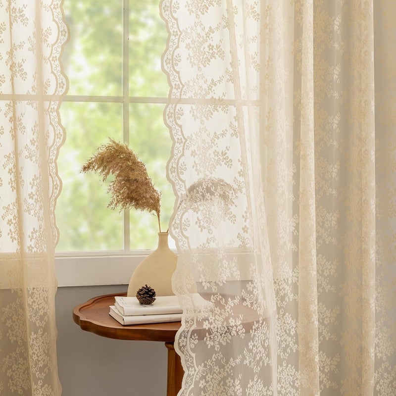 Yj Yanjun Beige Sheer Curtains 45 Inch Length 2 Panels Cute Floral Lace Cafe Curtains Vintage Small Window Drapes For Living Room Bathroom Kitchen Cabinet Light Filtering W52 X L45 Beige - Image 3
