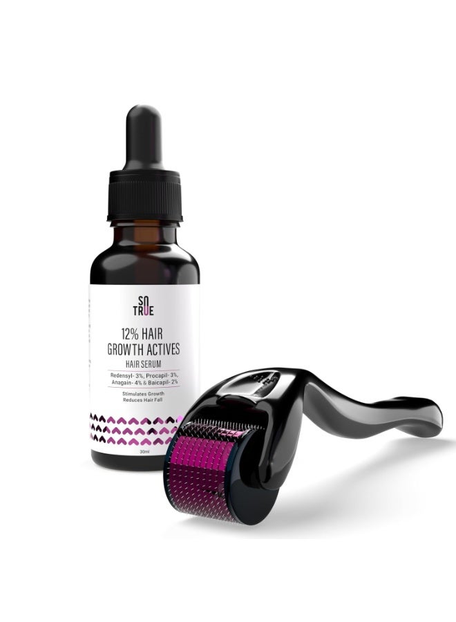 So True Sotrue Derma Roller 0.5mm with Hair Growth Serum 30ml | 540 Stainless Steel Needles | Derma Roller for Hair Growth & Thickening, Repair Damages with 12% Growth Actives (Black) - Image 1
