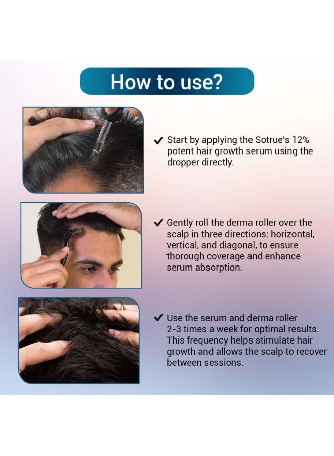 So True Sotrue Derma Roller 0.5mm with Hair Growth Serum 30ml | 540 Stainless Steel Needles | Derma Roller for Hair Growth & Thickening, Repair Damages with 12% Growth Actives (Black) - Image 4