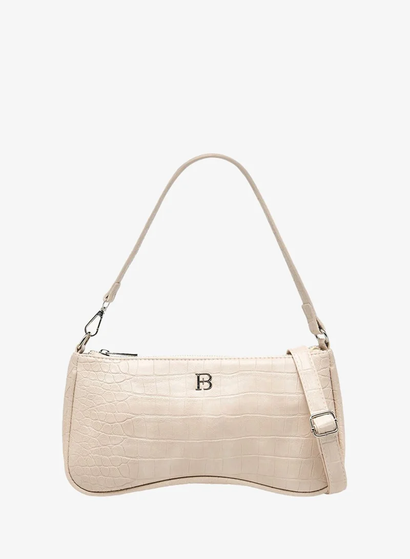 Textured Shoulder Bag with Detachable Strap and Zip Closure