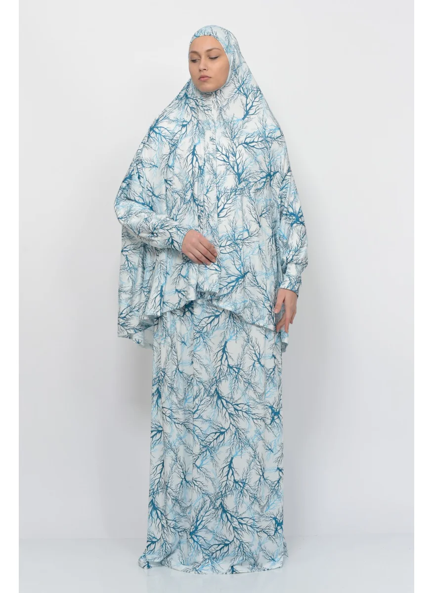 Altobeh Practical Two Piece Tree Patterned Bat Sleeves Lycra Hijab Prayer Dress with Headscarf 992-0705