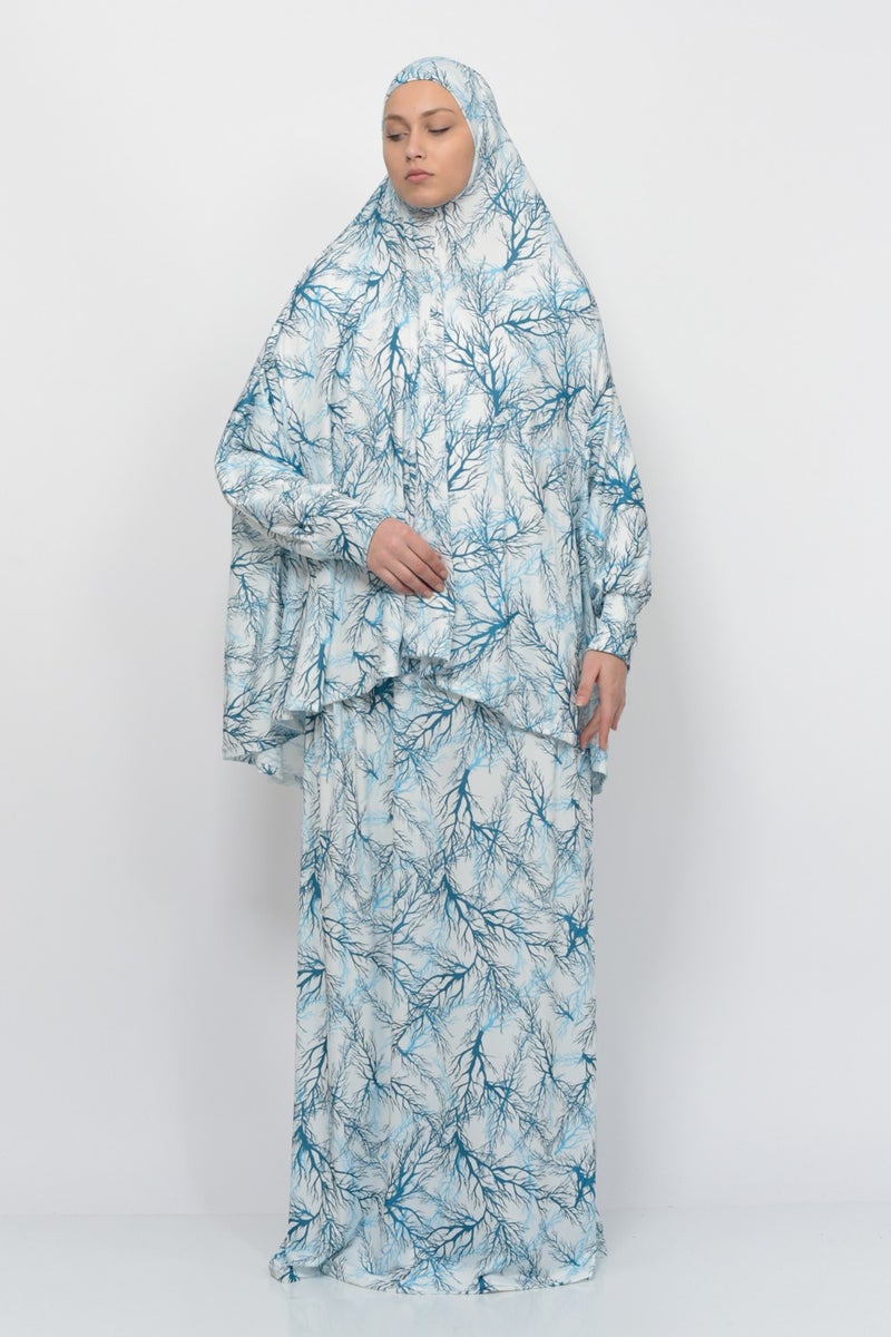 Altobeh Practical Two Piece Tree Patterned Bat Sleeves Lycra Hijab Prayer Dress with Headscarf 992-0705  - Image 3