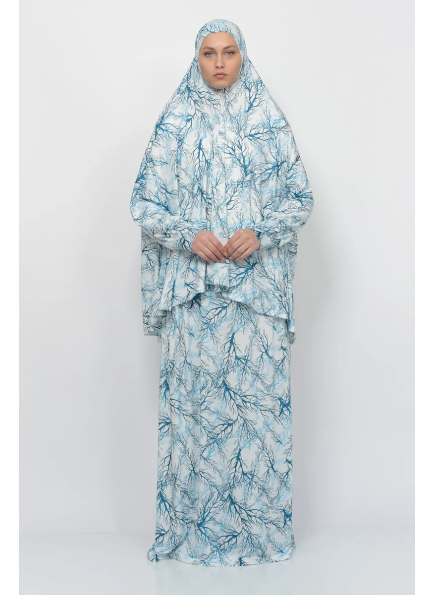 التوبة Practical Two Piece Tree Patterned Bat Sleeves Lycra Hijab Prayer Dress with Headscarf 992-0705