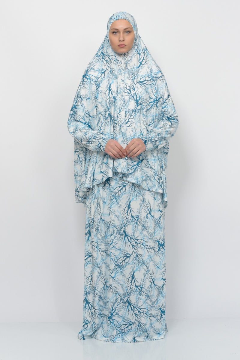 Altobeh Practical Two Piece Tree Patterned Bat Sleeves Lycra Hijab Prayer Dress with Headscarf 992-0705  - Image 1