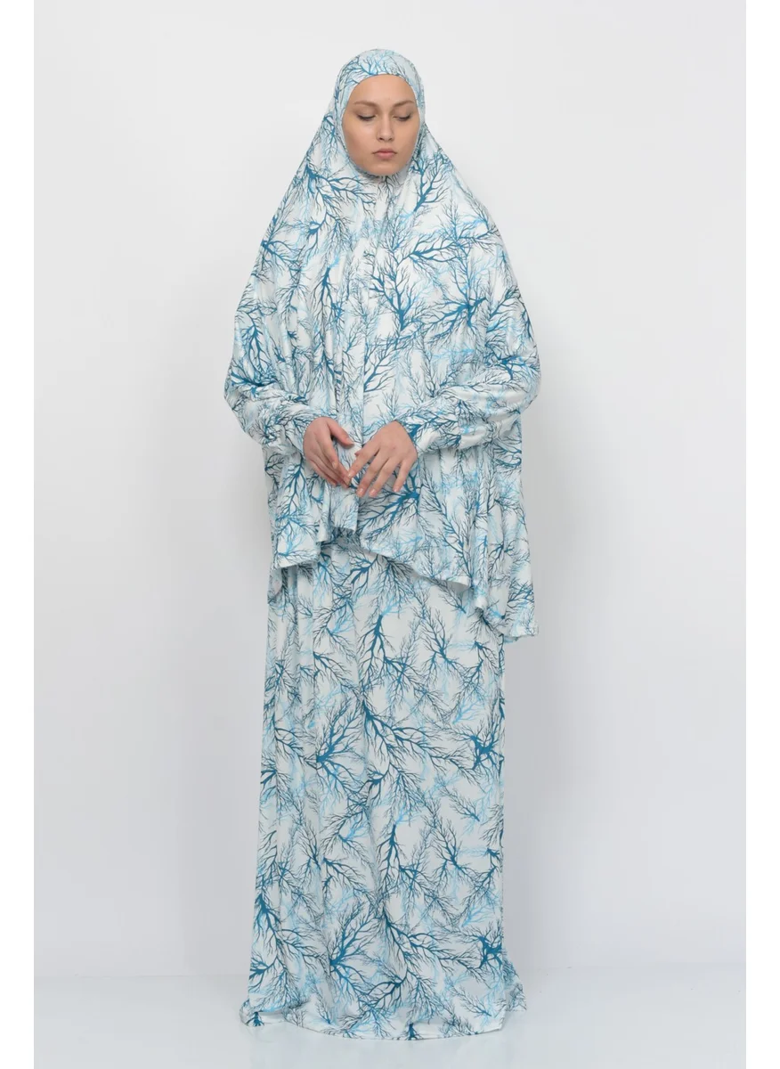 Altobeh Practical Two Piece Tree Patterned Bat Sleeves Lycra Hijab Prayer Dress with Headscarf 992-0705