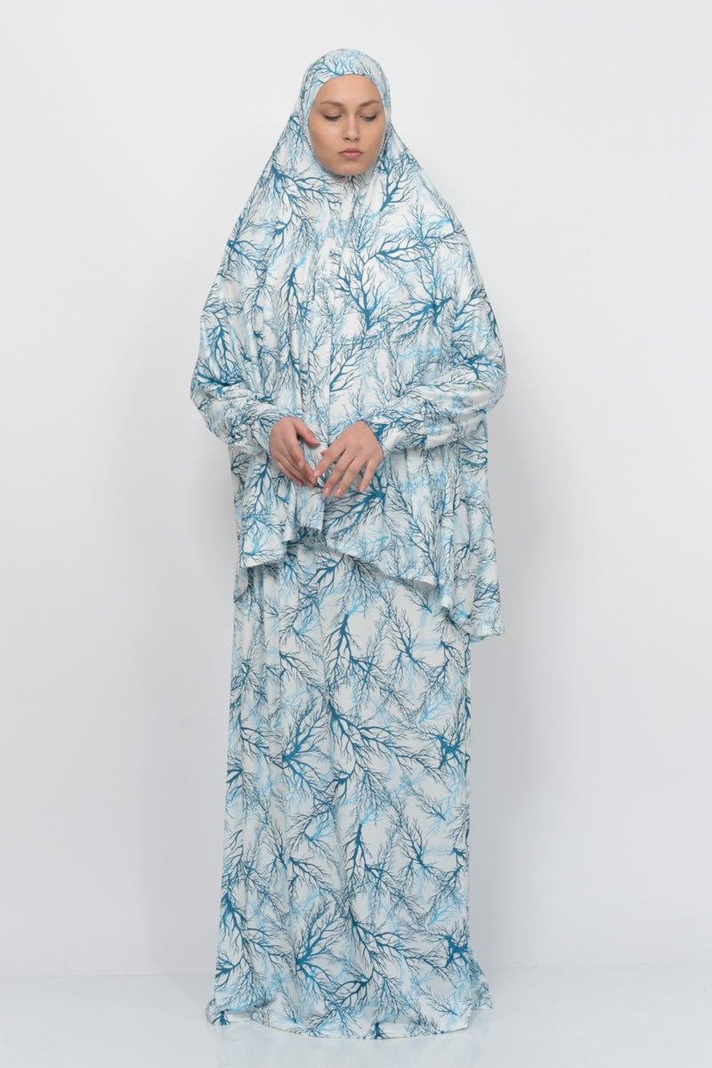 Altobeh Practical Two Piece Tree Patterned Bat Sleeves Lycra Hijab Prayer Dress with Headscarf 992-0705  - Image 5