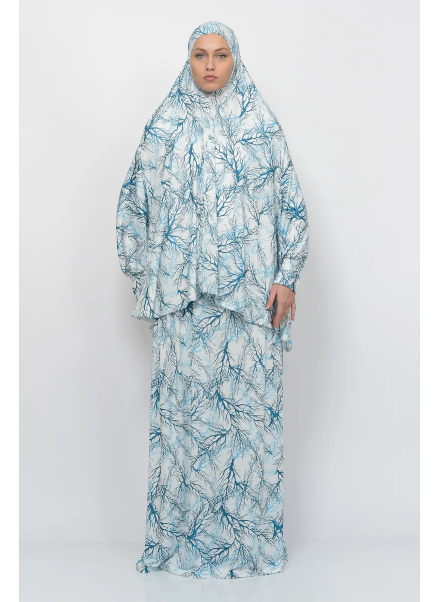 Altobeh Practical Two Piece Tree Patterned Bat Sleeves Lycra Hijab Prayer Dress with Headscarf 992-0705