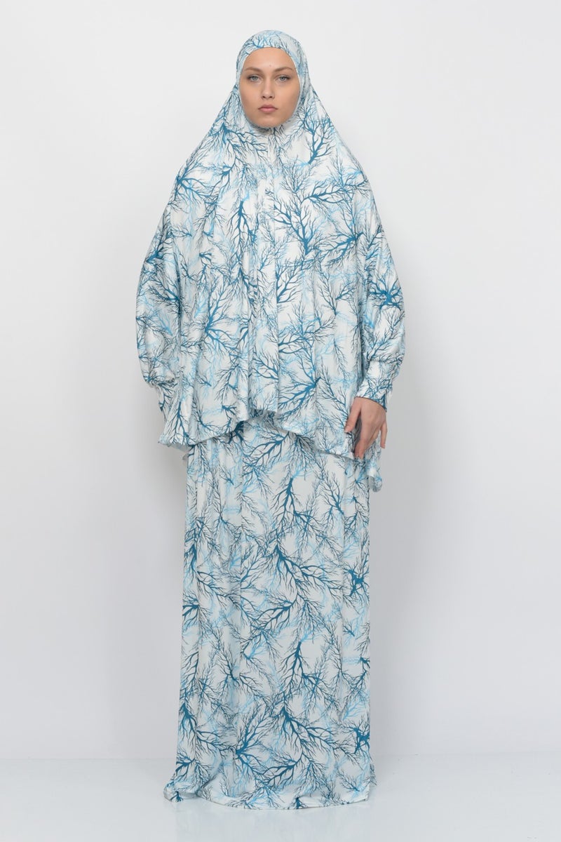 Altobeh Practical Two Piece Tree Patterned Bat Sleeves Lycra Hijab Prayer Dress with Headscarf 992-0705  - Image 4