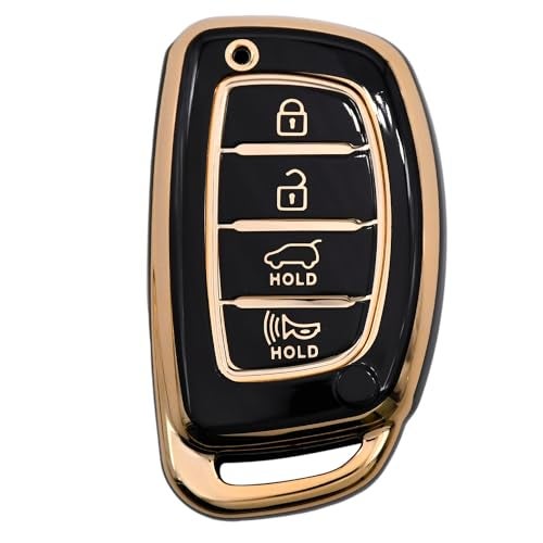 KMH - TPU Gold Car Key Cover Compatible with Hyundai Alcazar Creta 2022 Venue i20 Tucson Elantra 4 Button Smart Key Cover Black with Keychain - Image 5