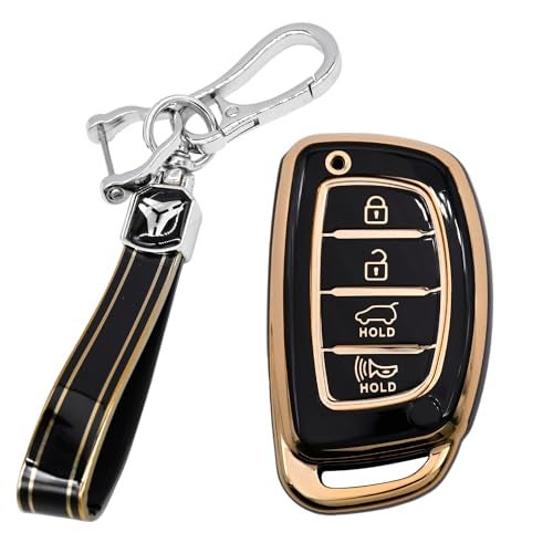 KMH - TPU Gold Car Key Cover Compatible with Hyundai Alcazar Creta 2022 Venue i20 Tucson Elantra 4 Button Smart Key Cover Black with Keychain - Image 1