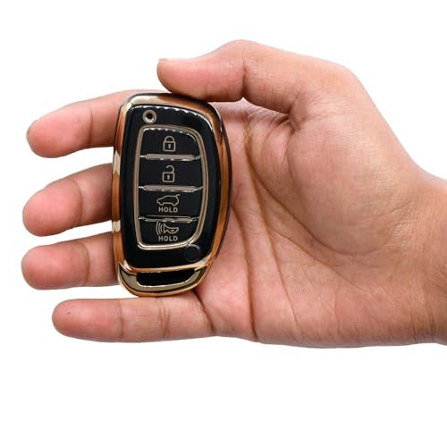 KMH - TPU Gold Car Key Cover Compatible with Hyundai Alcazar Creta 2022 Venue i20 Tucson Elantra 4 Button Smart Key Cover Black with Keychain - Image 3