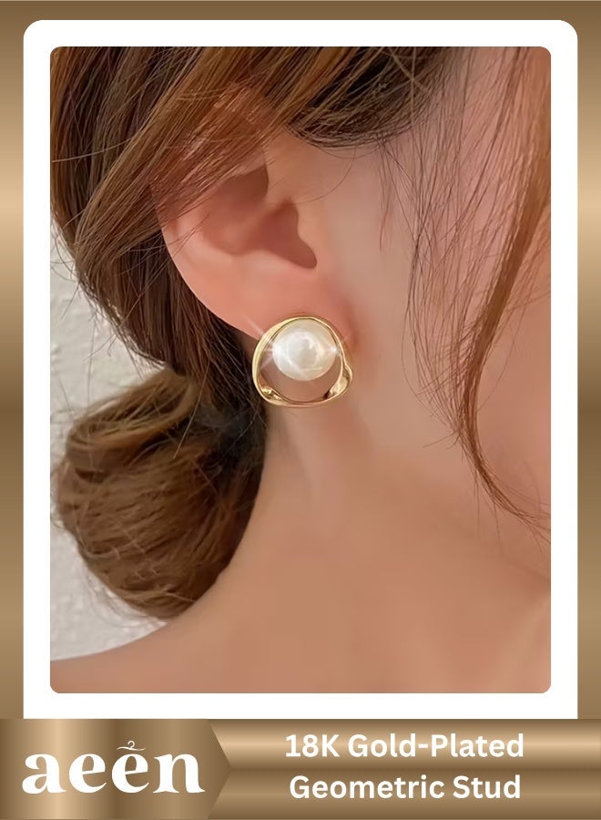aeen 18K Gold-Plated Geometric Stud and Dangle Earrings with White Faux Pearls – Elegant Jewellery for Women - Image 1