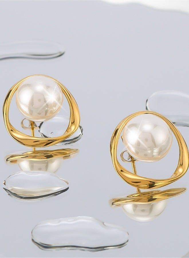aeen 18K Gold-Plated Geometric Stud and Dangle Earrings with White Faux Pearls – Elegant Jewellery for Women - Image 5
