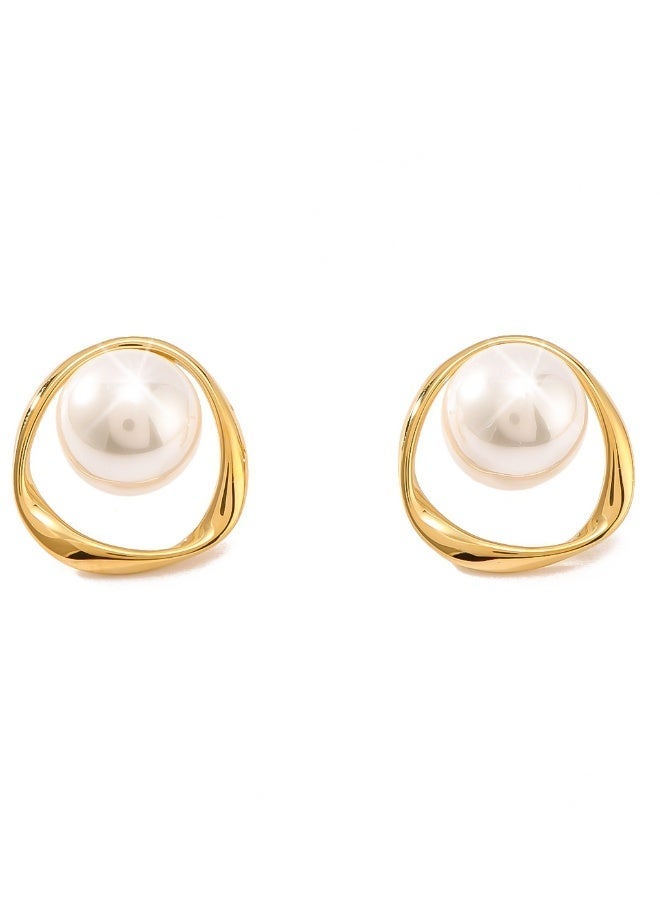 aeen 18K Gold-Plated Geometric Stud and Dangle Earrings with White Faux Pearls – Elegant Jewellery for Women - Image 2