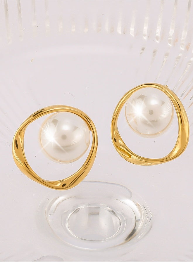 aeen 18K Gold-Plated Geometric Stud and Dangle Earrings with White Faux Pearls – Elegant Jewellery for Women - Image 4