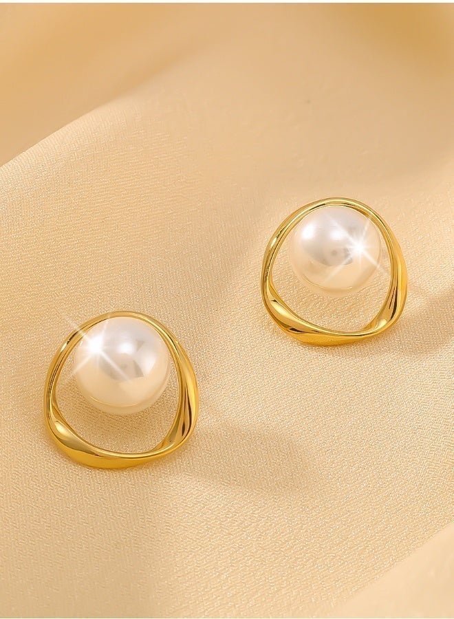 aeen 18K Gold-Plated Geometric Stud and Dangle Earrings with White Faux Pearls – Elegant Jewellery for Women - Image 3