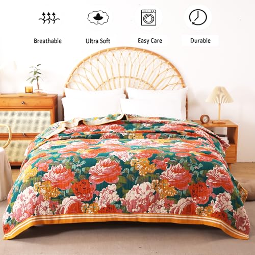 VANJOROY Boho Throw Blanket, 100% Organic Cotton Breathable Ultra Soft 80" x 90" Bed Quilt Throw - All Season Floral Rustic Farmhouse Decor Luxury Reversible Blanket for Sofa Couch Chair and Gift - Image 3