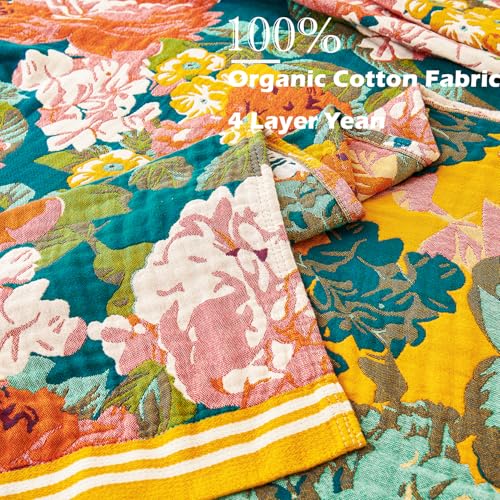VANJOROY Boho Throw Blanket, 100% Organic Cotton Breathable Ultra Soft 80" x 90" Bed Quilt Throw - All Season Floral Rustic Farmhouse Decor Luxury Reversible Blanket for Sofa Couch Chair and Gift - Image 5
