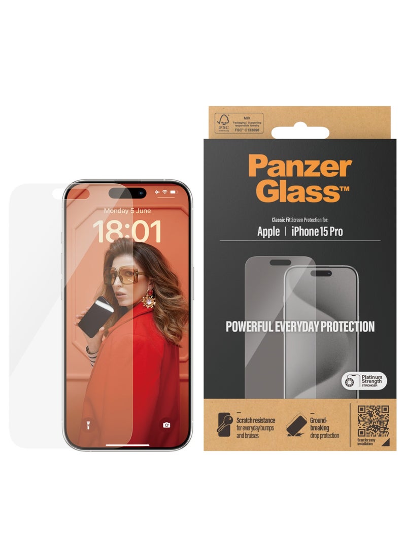 PanzerGlass بانزر جلاس واقي شاشة ايفون 15 برو | كلاسيكي ملائم - Image 1