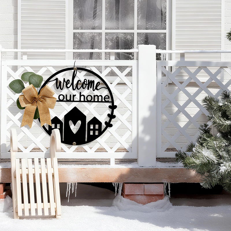 Otoolling 13 Inch 3D Welcome Sign for Front Door Metal Door Welcome Sign Black Round Wreath Hanging Decor Cutout Letters Wall Pediments Outdoor Hanging Signs for Front Doors Outside All Season - Image 4