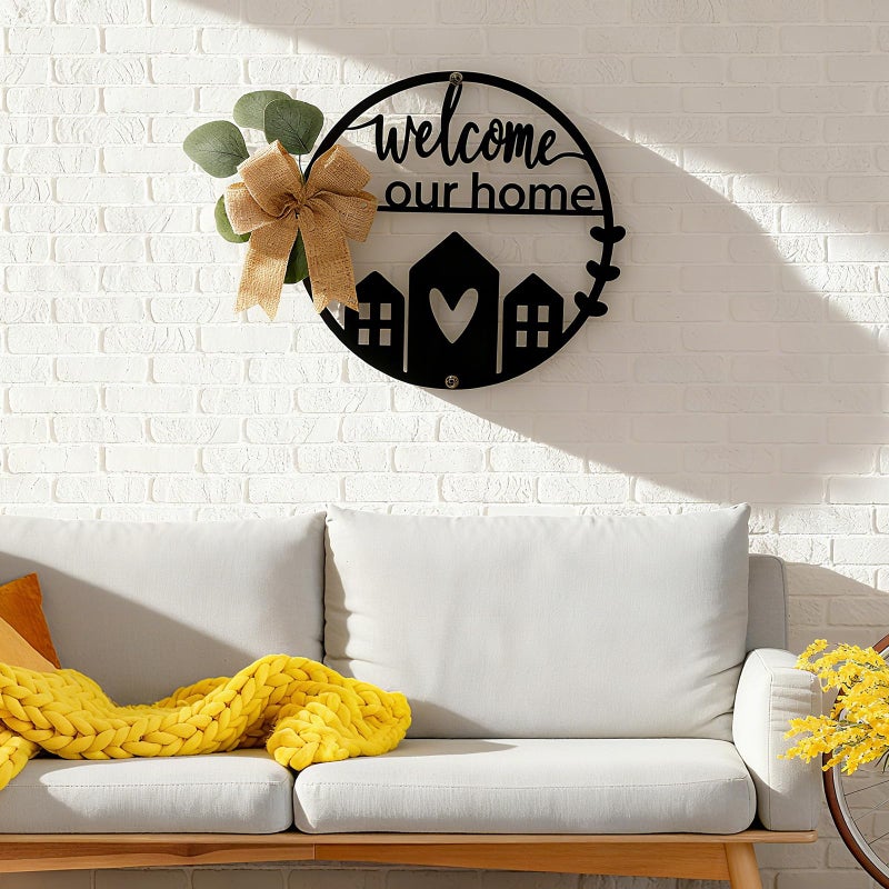 Otoolling 13 Inch 3D Welcome Sign for Front Door Metal Door Welcome Sign Black Round Wreath Hanging Decor Cutout Letters Wall Pediments Outdoor Hanging Signs for Front Doors Outside All Season - Image 2