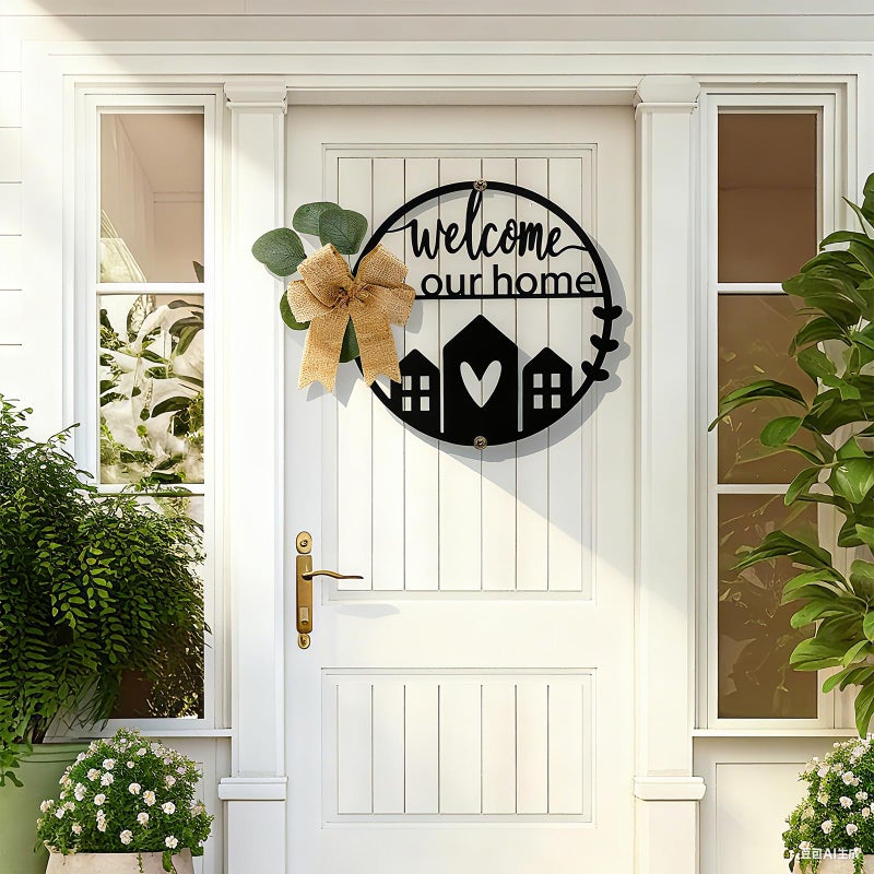 Otoolling 13 Inch 3D Welcome Sign for Front Door Metal Door Welcome Sign Black Round Wreath Hanging Decor Cutout Letters Wall Pediments Outdoor Hanging Signs for Front Doors Outside All Season - Image 1