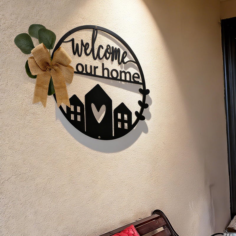 Otoolling 13 Inch 3D Welcome Sign for Front Door Metal Door Welcome Sign Black Round Wreath Hanging Decor Cutout Letters Wall Pediments Outdoor Hanging Signs for Front Doors Outside All Season - Image 5