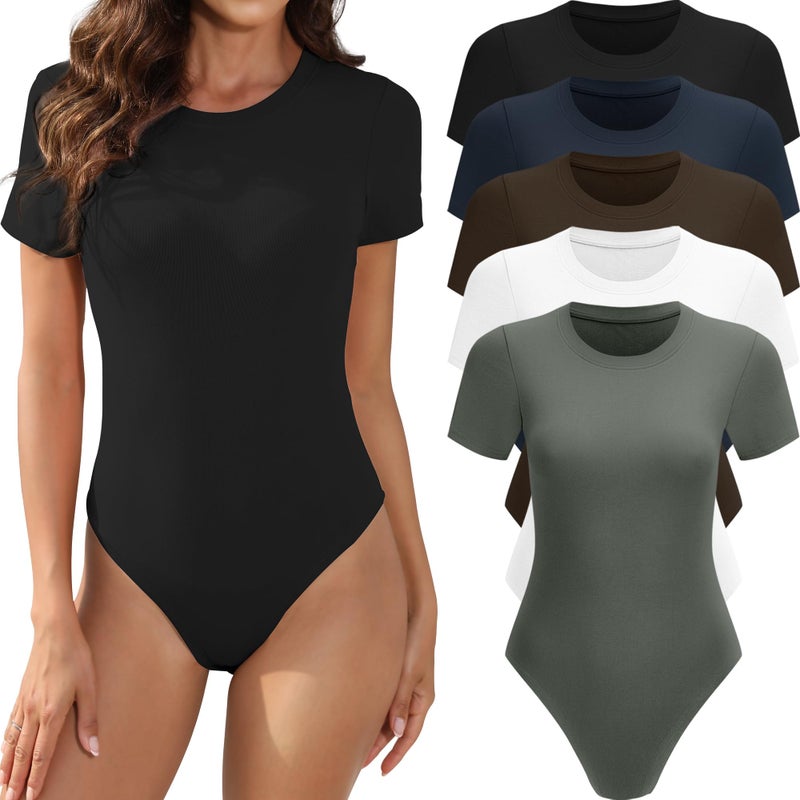 MLYENX 5 Pack Body Suits for Womens Short Sleeve Round Neck Casual Stretchy Basic T Shirt Bodysuit Tops S - Image 1