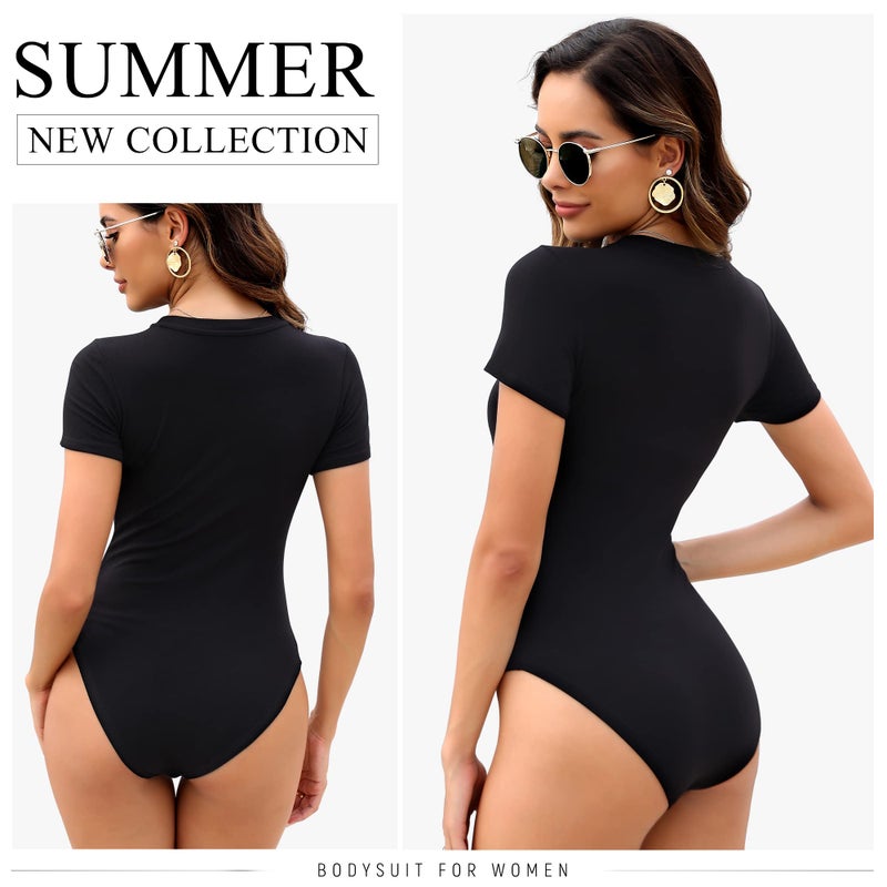 MLYENX 5 Pack Body Suits for Womens Short Sleeve Round Neck Casual Stretchy Basic T Shirt Bodysuit Tops S - Image 2