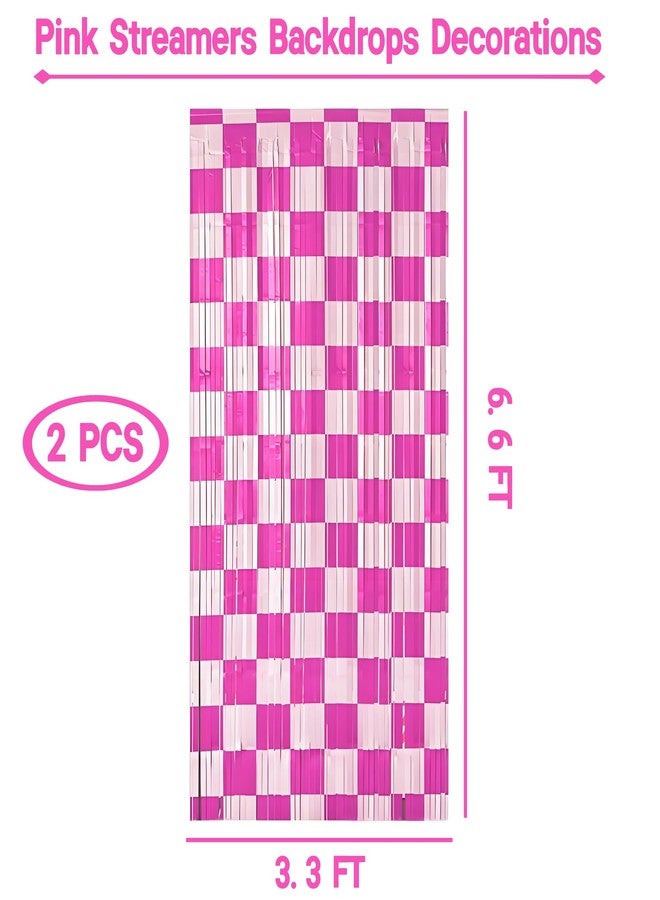 Riomhorry Preppy Streamers Backdrops Decorations for Girls Birthday Party, Pink Checkered Foil Fringe, Photo Booth Props Backdrop Curtains, Smiley Face Party Decor Supplies for Women, Girls, Baby Shower - Image 2